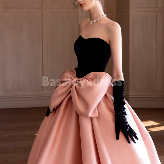 BDES00073 Elegant Pink and Black Bow Princess Ball Gown – Birthday, Engagement, Prom & Vocal Performance Dress with Black Gloves