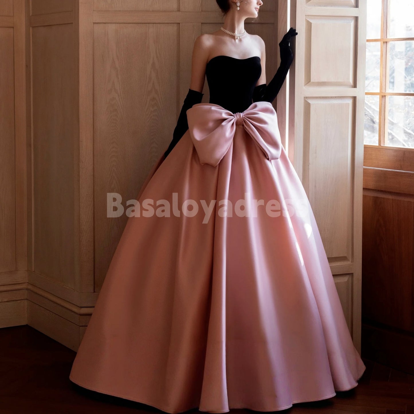 BDES00073 Elegant Pink and Black Bow Princess Ball Gown – Birthday, Engagement, Prom & Vocal Performance Dress with Black Gloves