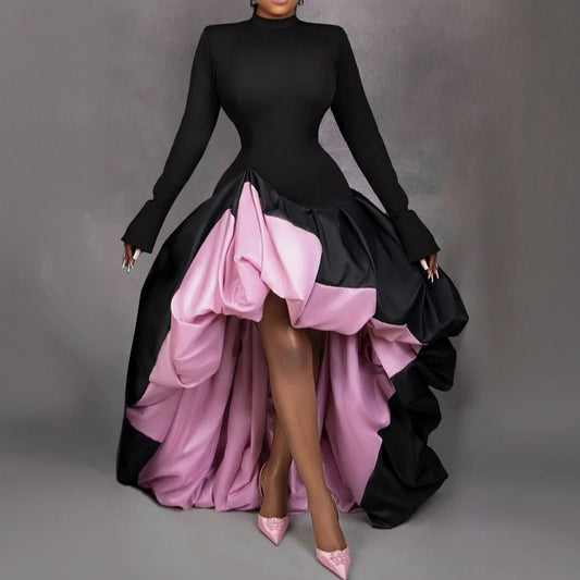 BSD00033 2025 New Hot Plus Size Cocktail Party Black Mock Neck Long Sleeve High Low Hem Contrast Satin Mini Dresses