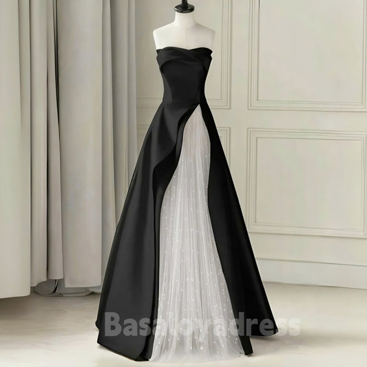 BDES00075 A-Line Tulle Satin Black and White Long Prom Dress Formal Evening Dresses