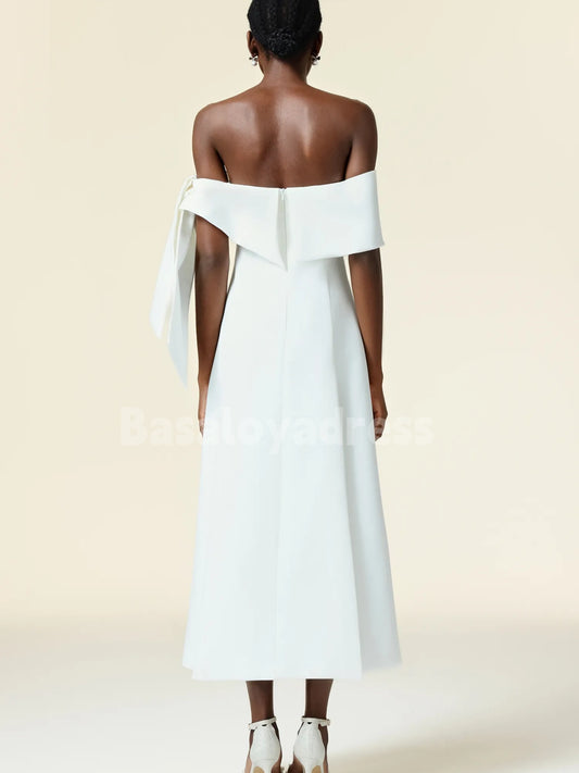 BDES00076 White Designed A-line Off-The-Shoulder Sleeveless Asymmetric Satin Maxi Dress