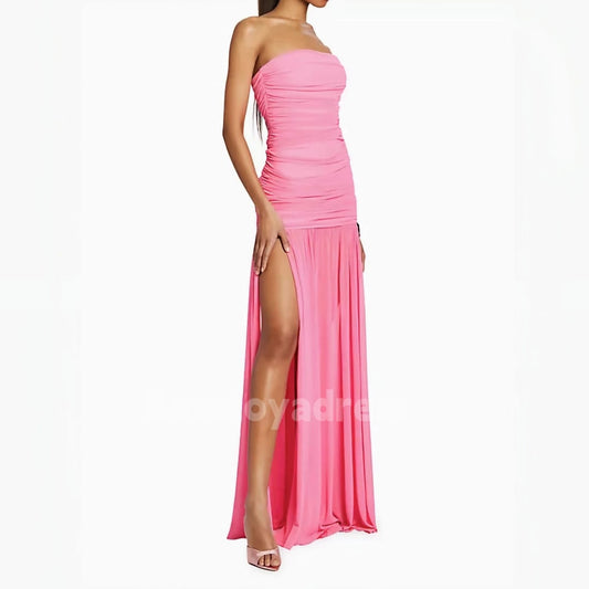BDES00016 Candy Color Adele Off-Shoulder Sleeveless Split Leg Vertical Pleated Prom Dress