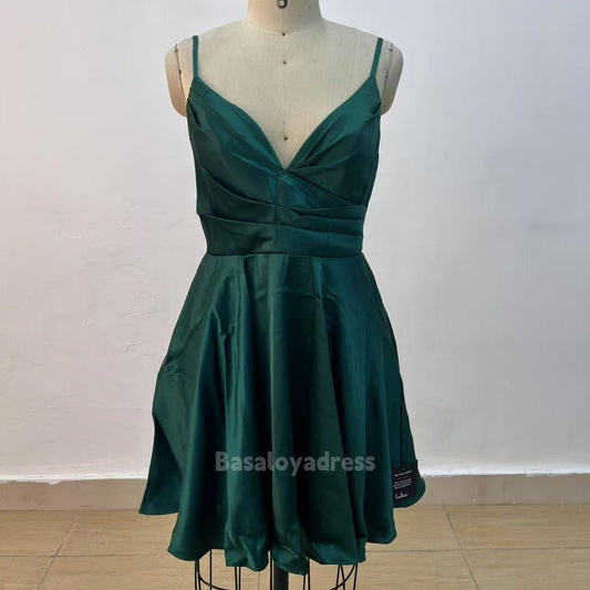 BSD00012 Green and Off-White Spaghetti Strap Satin Homecoming Dress Short V Neck Ruffled Prom Dress for Teens