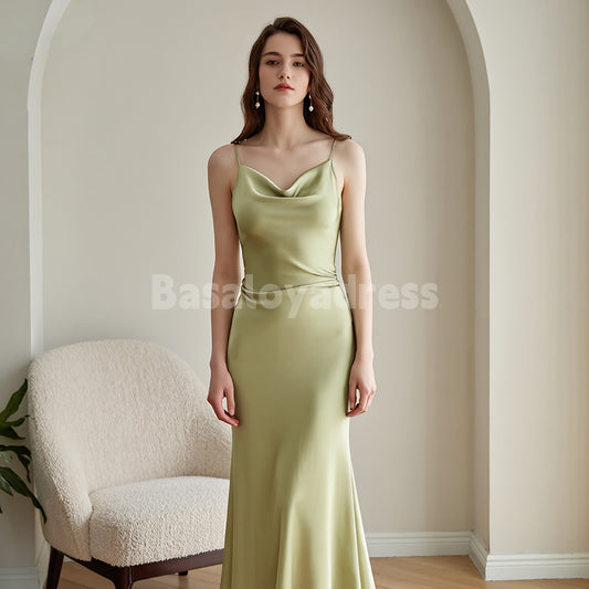 BDES00138 Mermaid Light Olive Spaghetti Straps Satin Cowl-Neck Ruched Maxi Dress