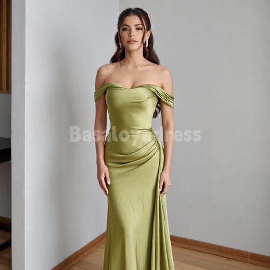 BDES00139 Olive Off-the-shoulder Mermaid Satin Neck Ruched Maxi Dress