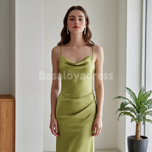 BDES00140 Olive Mermaid Spaghetti Straps Satin Cowl-Neck Ruched Maxi Prom Dress