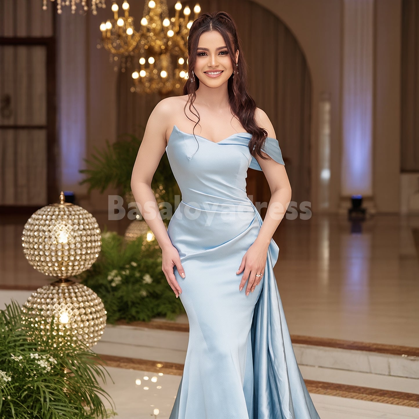 BDES00143 Satin Asymmetrical Off-the-shoulder Bridesmaid Dresses Mermaid Floor Length Strapless Light Blue Prom Dress with Train