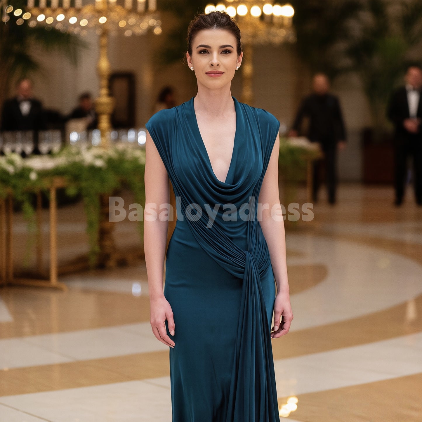 BDES00154 Exquisite Low Cut Soft Satin Draped Evening Dress Mother of the Bride Dresses