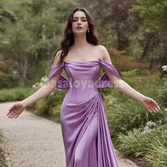 BDES00159 Purple Off Shoulder Soft Satin Maxi Dress with Pleats