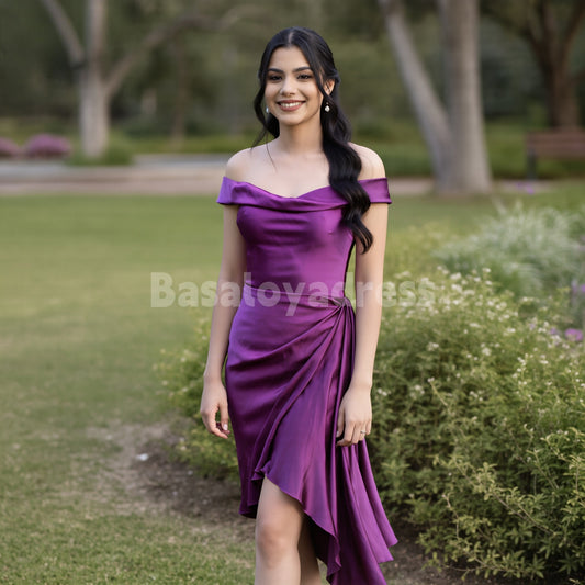 BSD00092 Fashion Soft Satin Off-the-shoulder Sleeveless Midi Dress Purple Prom Dress