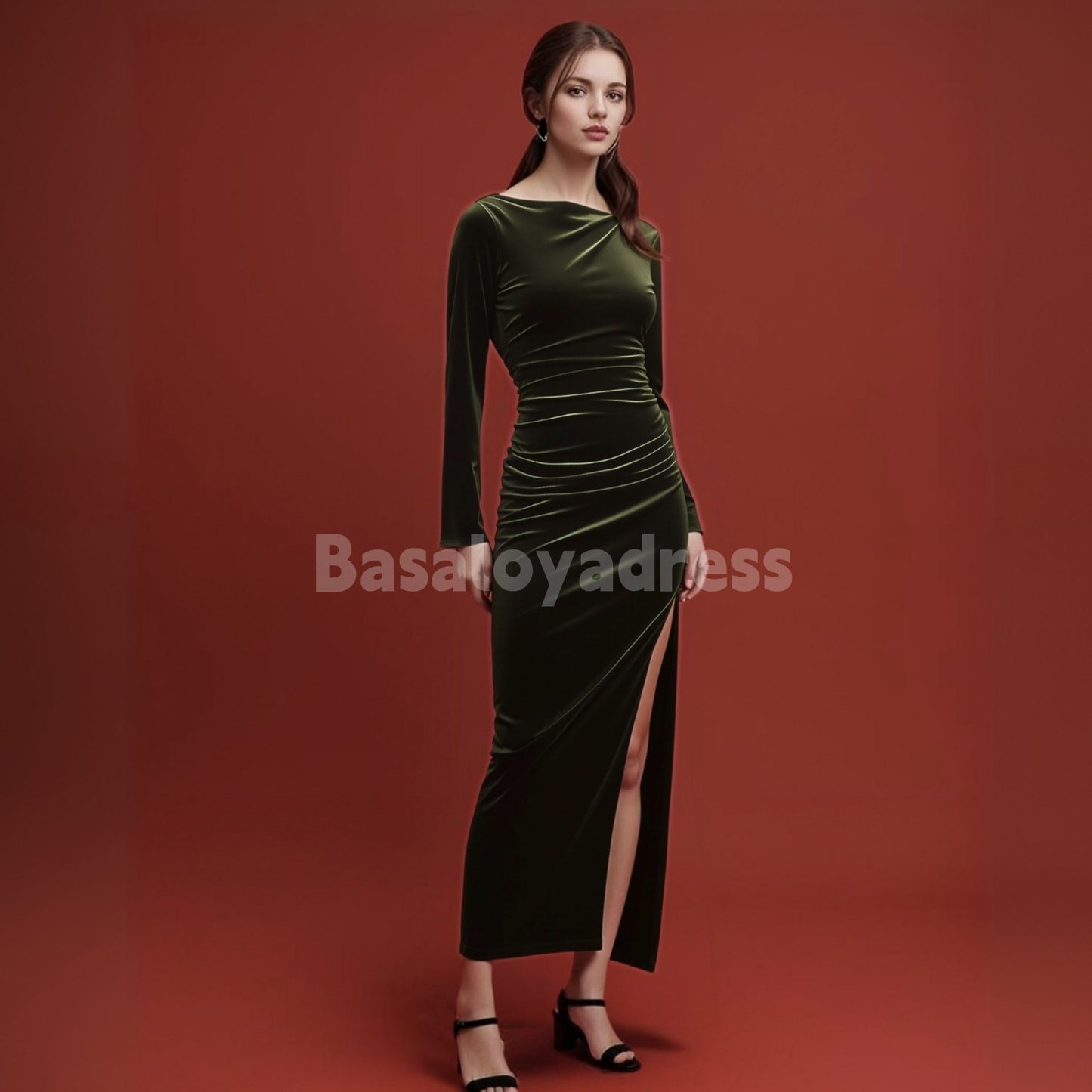 BDES00121 Boat Neck Long Sleeve Stretch Velvet Maxi Dress with Split