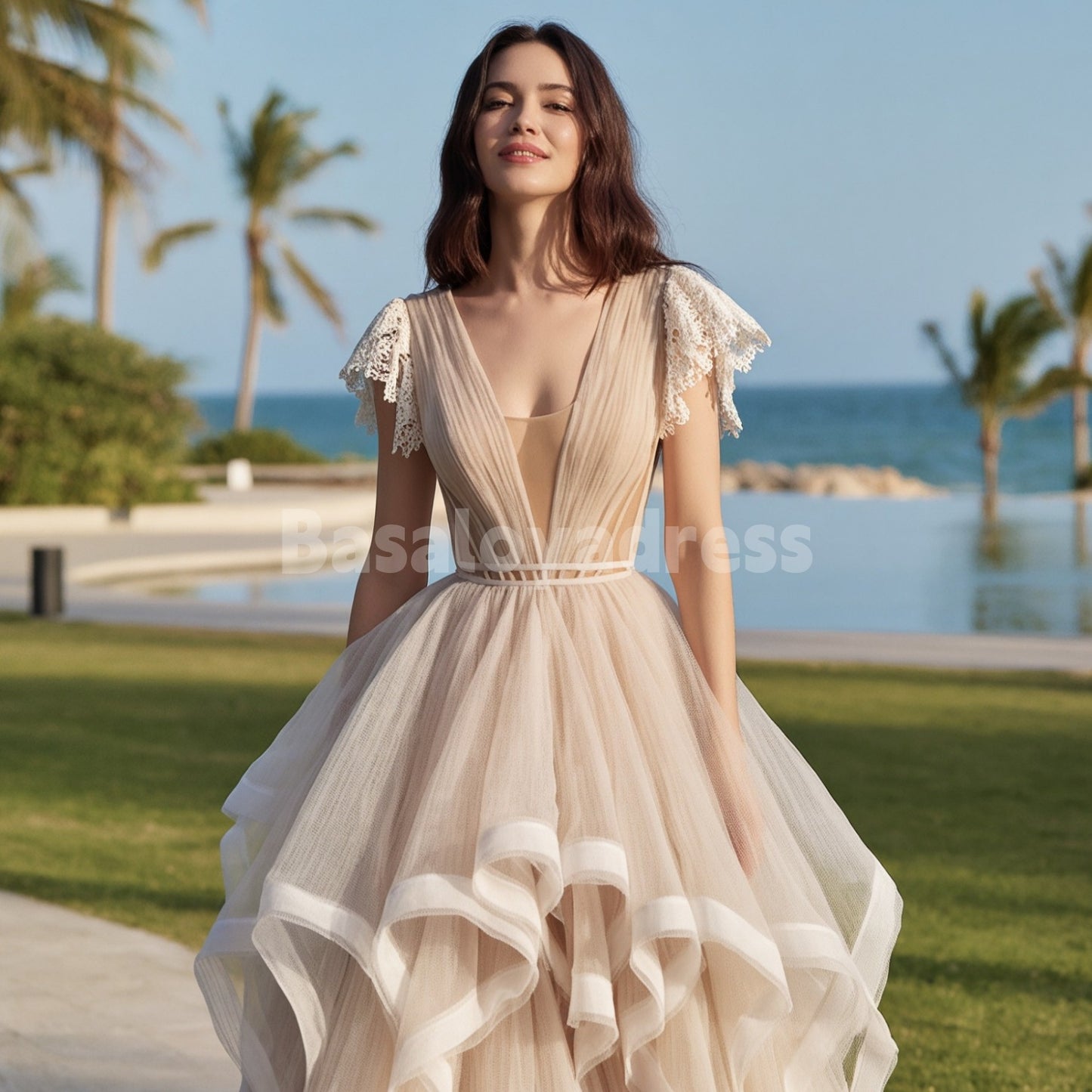 BDES00163 A Line V Neck Lace Short Sleeve Prom Dress Long Tulle Quinceanera Dress Layered Formal Dress with Train