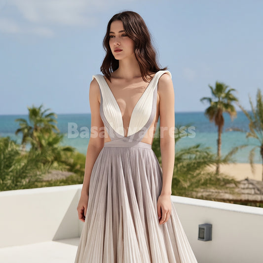 BDES00162 Elegant Gray-purple and White Gradient A-line Prom Dress with Pleats