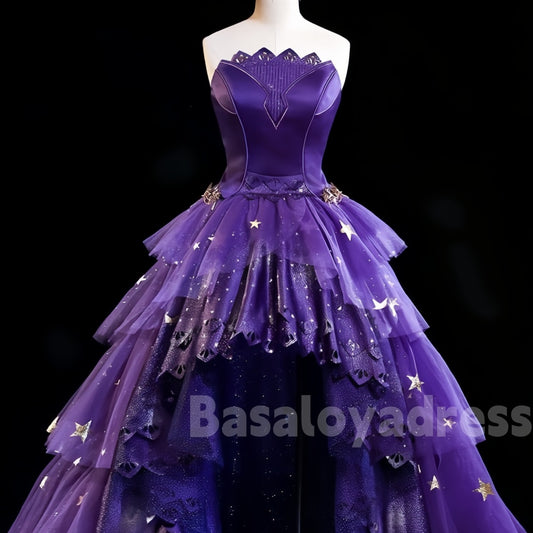 BSD00025 Custom Made Purple Star Sea Sleeveless Dress Top + Stars High-low Tiered Skirt Set Prom / Quinceanera Separates