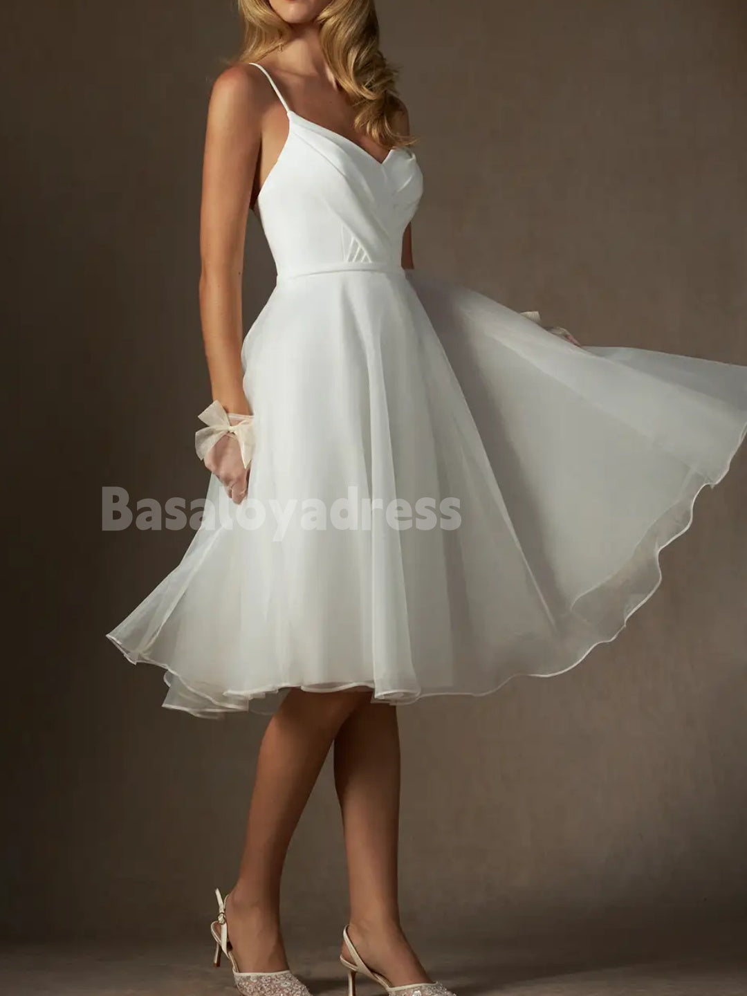 BWD00058 Light Ivory A-Line V-Neck Pleated Stretch Crepe Tulle Prom Dress Little White Knee-Length Wedding Dress