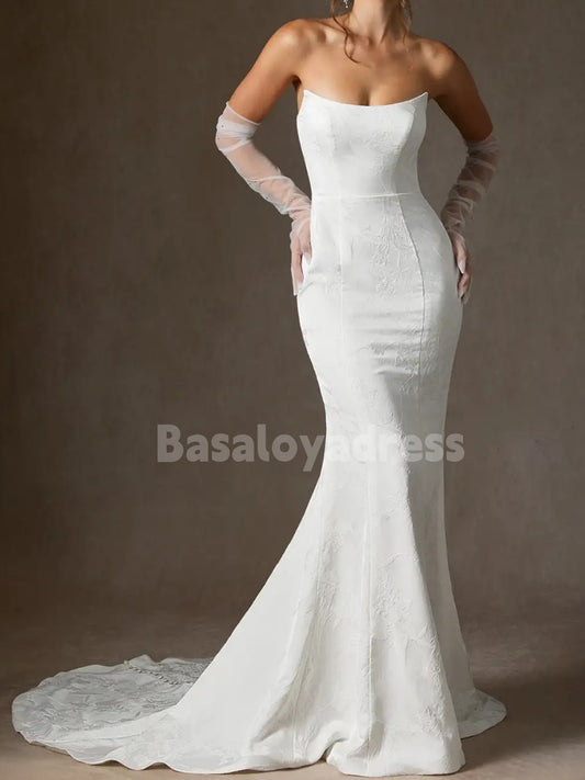 BWD00044 Mermaid Strapless Floral Jacquard Wedding Dress with Tulle and Diamond Gloves