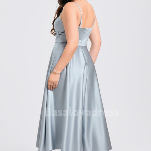 BSD00024 A-line V-Neck Tea-Length Spaghetti Strap Satin Cocktail Dress