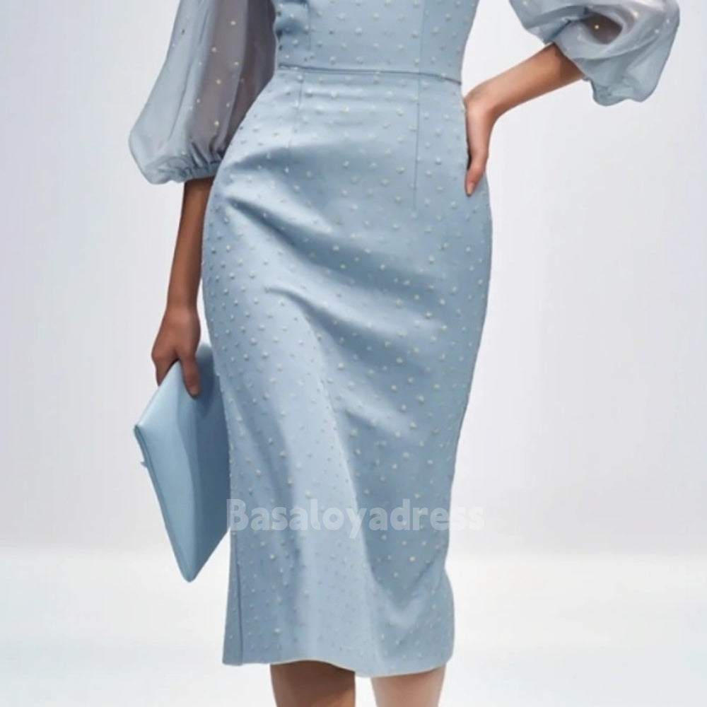 BDES00014 Sky Blue Square Neck Casual Semi-Formal Puff Sleeve Midi Dress with Pearls