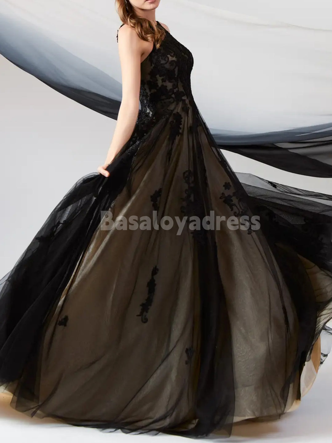 BWD00052 Black Champagne A-Line Round Neck Sleeveless Lace Applique Dress Gothic Tulle Wedding Gown