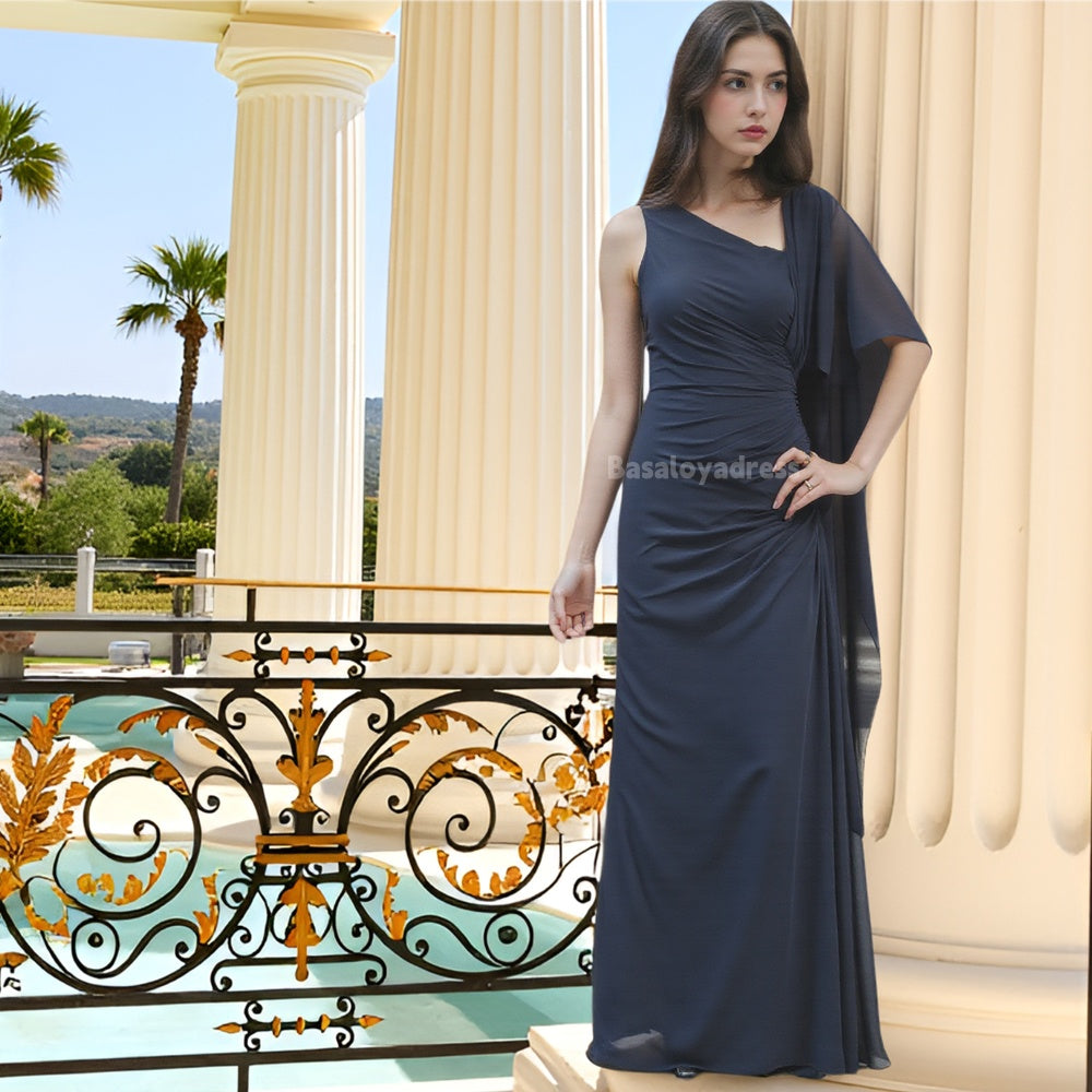 BDES00003 Bodycon straight-leg chiffon ruched one-shoulder sleeveless floor-length slit bridesmaid dress