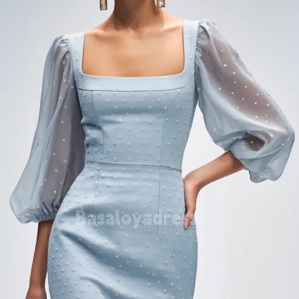 BDES00014 Sky Blue Square Neck Casual Semi-Formal Puff Sleeve Midi Dress with Pearls