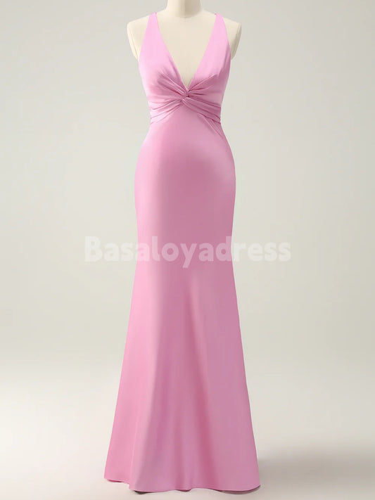 BDES00103 Pink Mermaid Deep V Neck Satin Ruched Long Bridesmaid Dress with Lace Up Back