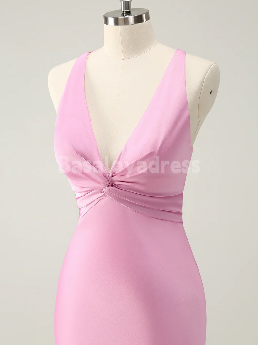 BDES00103 Pink Mermaid Deep V Neck Satin Ruched Long Bridesmaid Dress with Lace Up Back