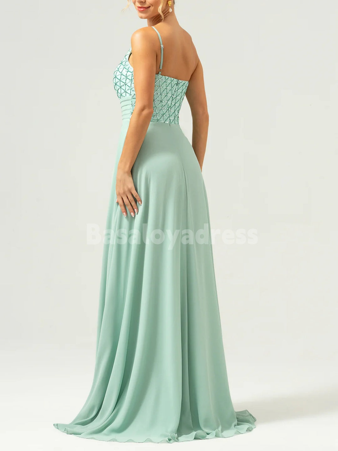 BDES00127 Elegant A-Line One Shoulder Chiffon Sequin Bridesmaid Dress Long Mother of the Brides Dresses