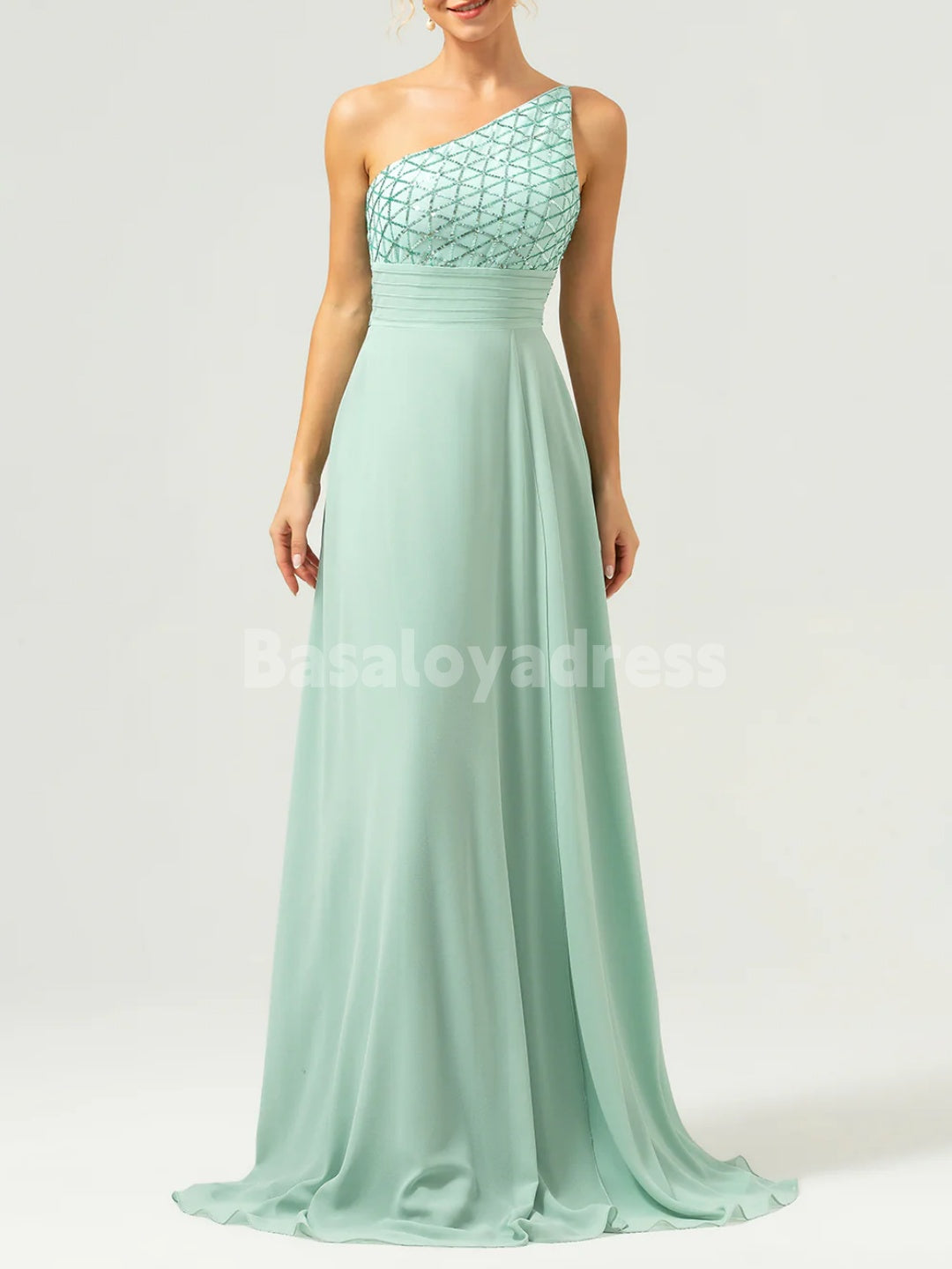 BDES00127 Elegant A-Line One Shoulder Chiffon Sequin Bridesmaid Dress Long Mother of the Brides Dresses