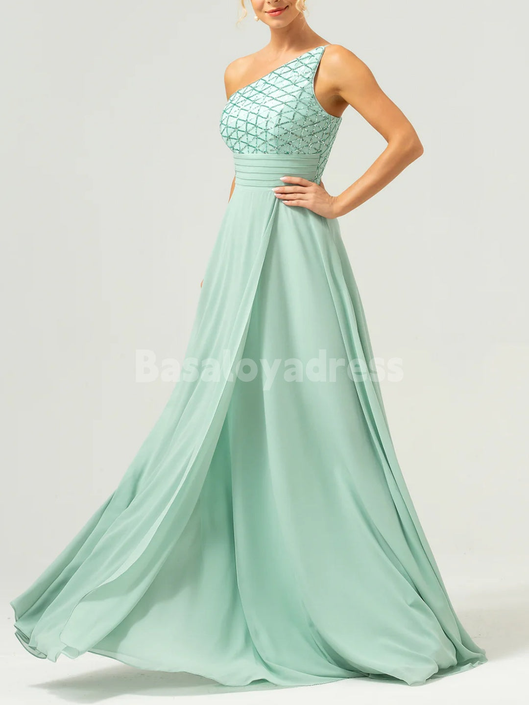 BDES00127 Elegant A-Line One Shoulder Chiffon Sequin Bridesmaid Dress Long Mother of the Brides Dresses