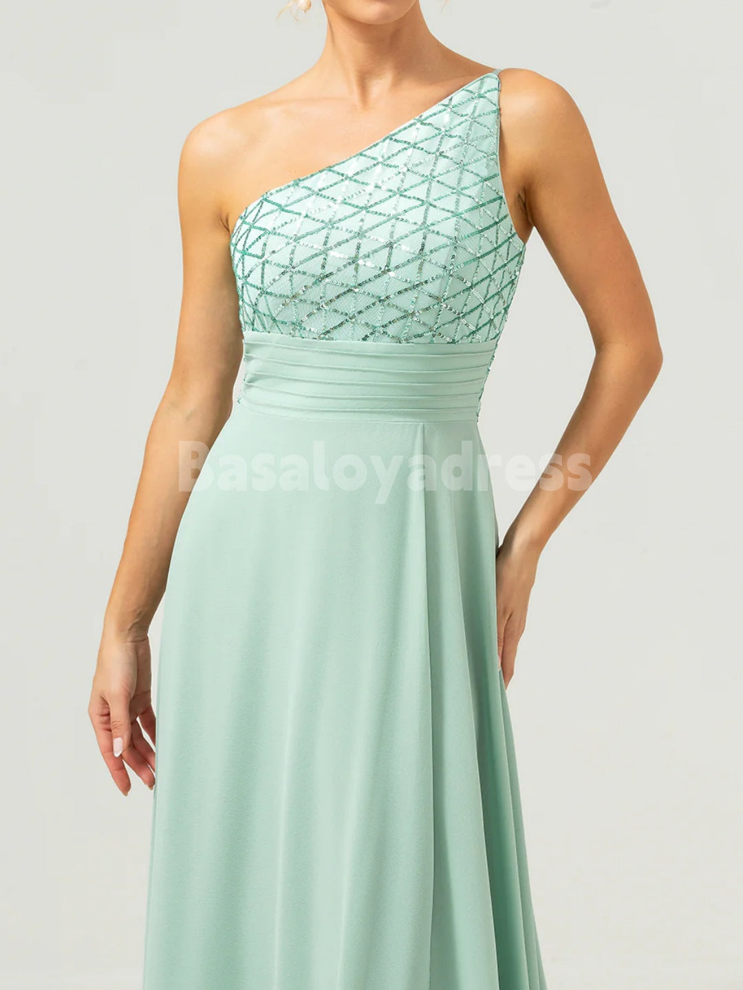 BDES00127 Elegant A-Line One Shoulder Chiffon Sequin Bridesmaid Dress Long Mother of the Brides Dresses