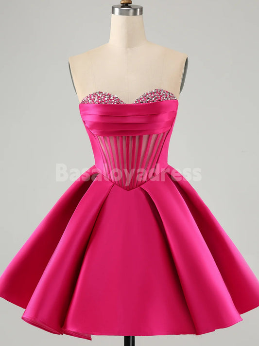 BSD00059 A Line Sweetheart Corset Sleeveless Short Fuchsia Homecoming Dress with Sequin Beading