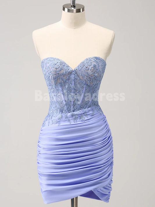 BSD00057 Glitter Lilac Tight Sweetheart Strapless Corset Pleated Tight Short Homecoming Dress with Lace Appliques and Beading