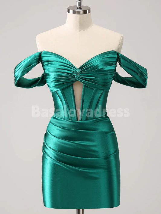 BSD00058 Dark Green Tight Off the Shoulder Cutout Corset Satin Mini Dress Short Homecoming Dress