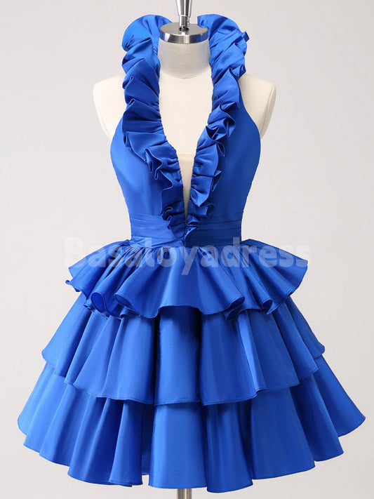BSD00034 Royal Blue A-Line Halter V-Neck Tiered Ruffled Short Homecoming Dress