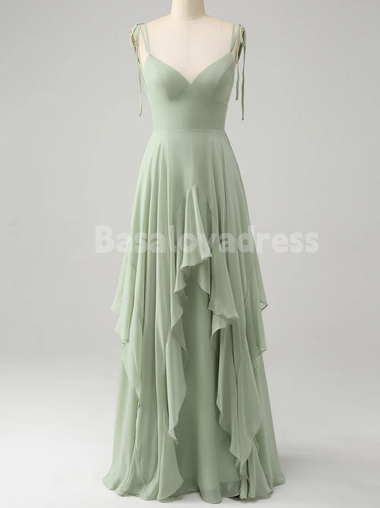 BDES00105 Mint Green Chiffon A-line Bridesmaid Dresses V-neck Spaghetti Straps Evening Gown with Irregular Ruffles