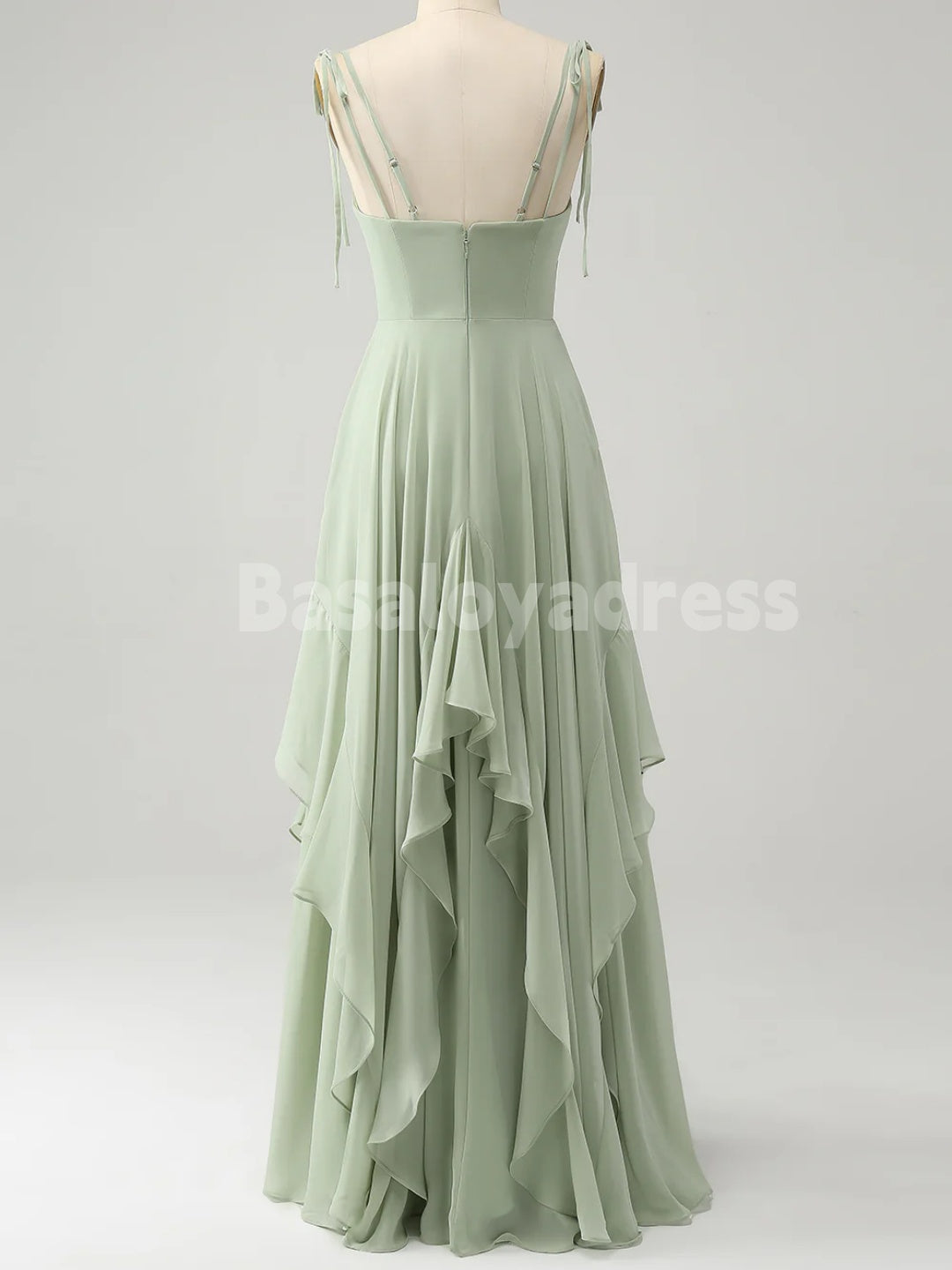 BDES00105 Mint Green Chiffon A-line Bridesmaid Dresses V-neck Spaghetti Straps Evening Gown with Irregular Ruffles