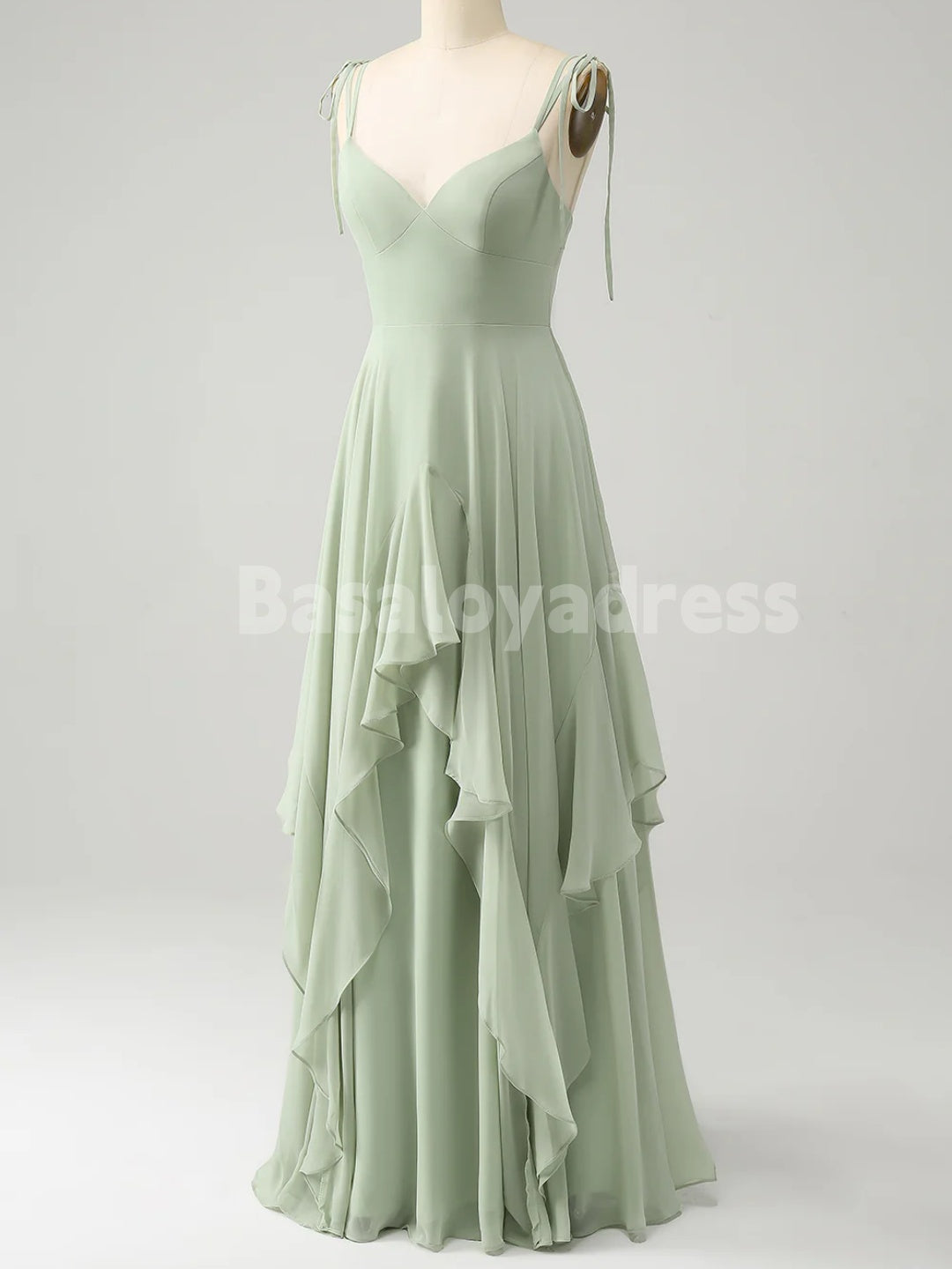 BDES00105 Mint Green Chiffon A-line Bridesmaid Dresses V-neck Spaghetti Straps Evening Gown with Irregular Ruffles