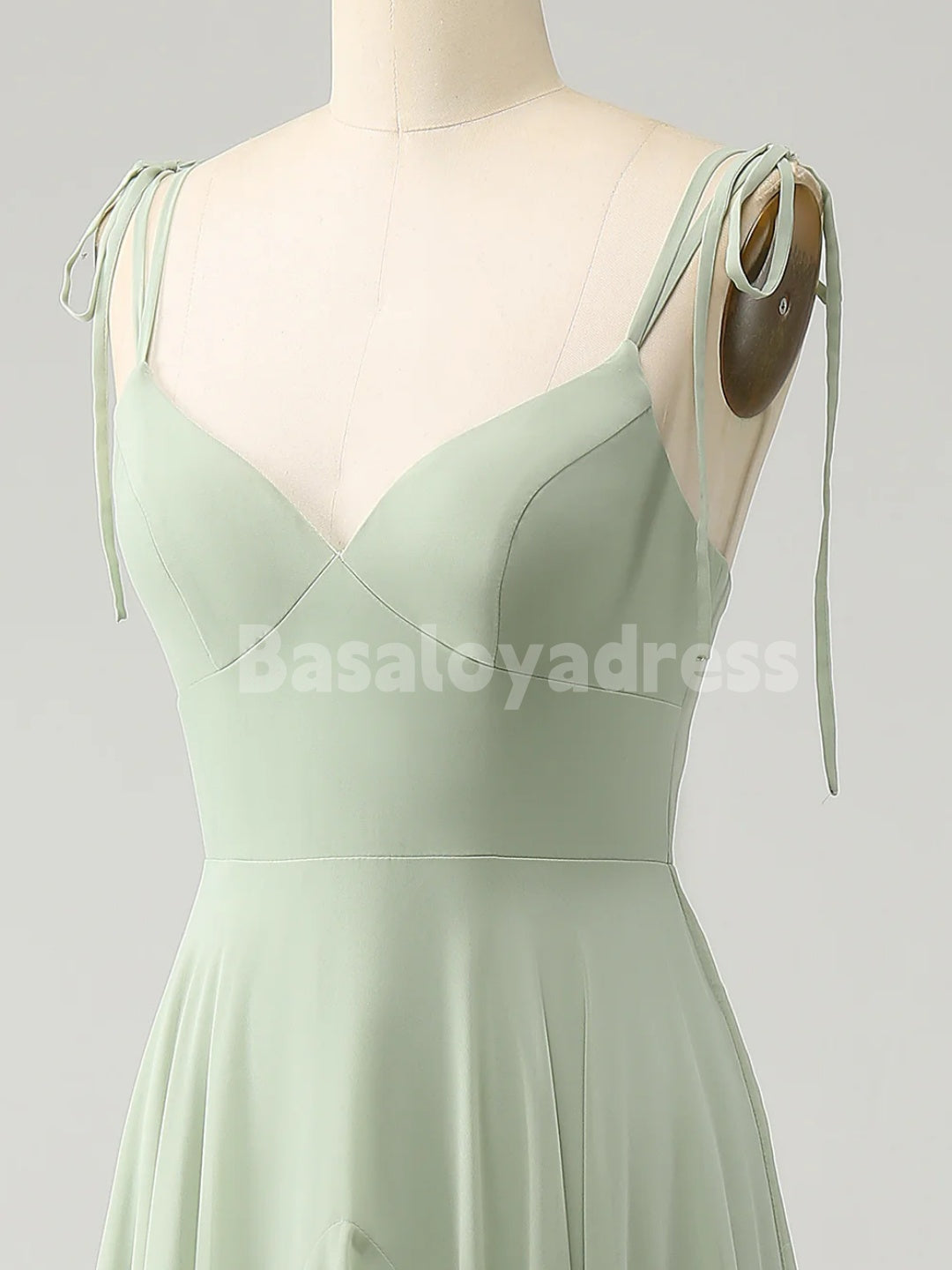 BDES00105 Mint Green Chiffon A-line Bridesmaid Dresses V-neck Spaghetti Straps Evening Gown with Irregular Ruffles