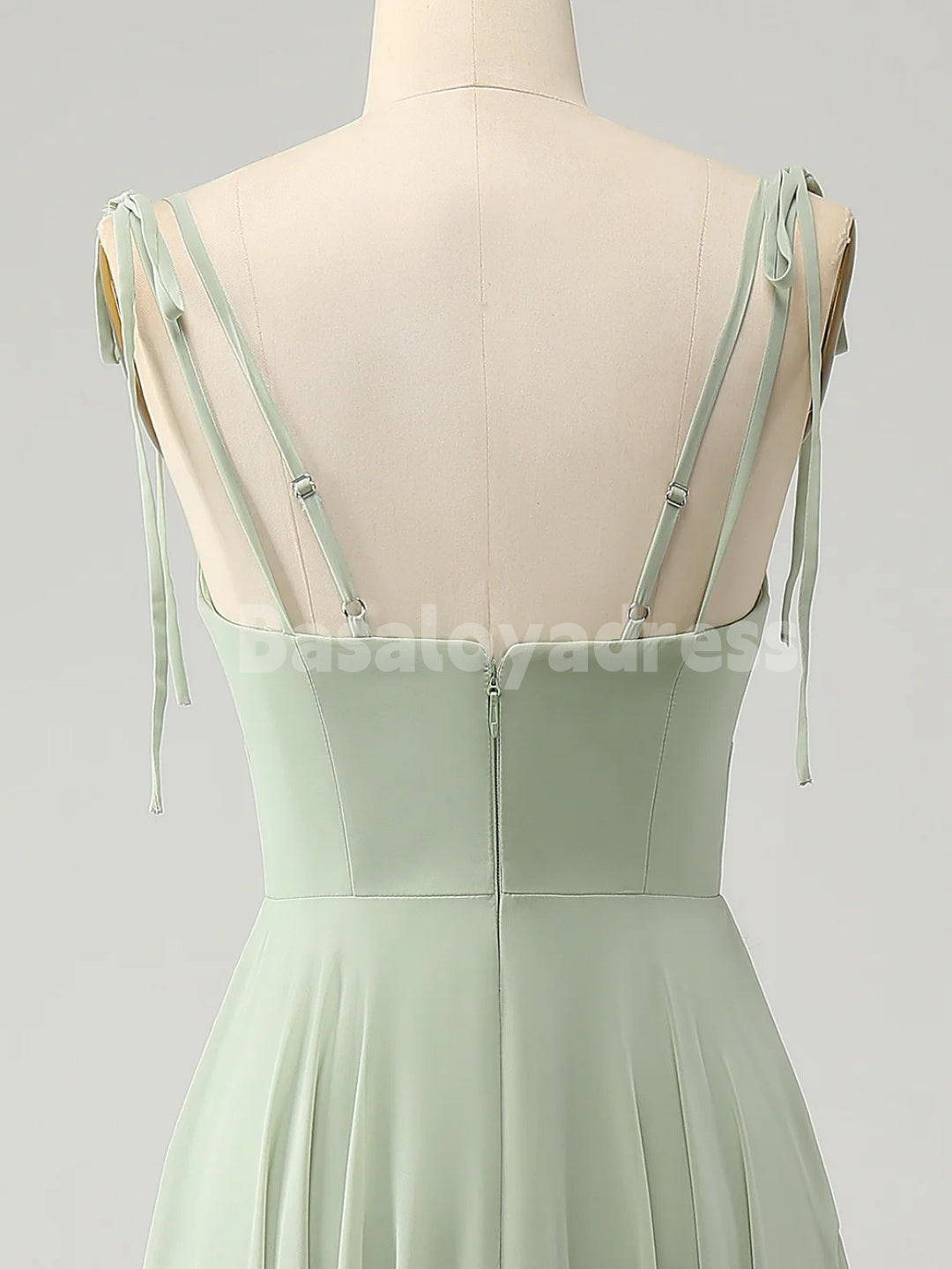 BDES00105 Mint Green Chiffon A-line Bridesmaid Dresses V-neck Spaghetti Straps Evening Gown with Irregular Ruffles