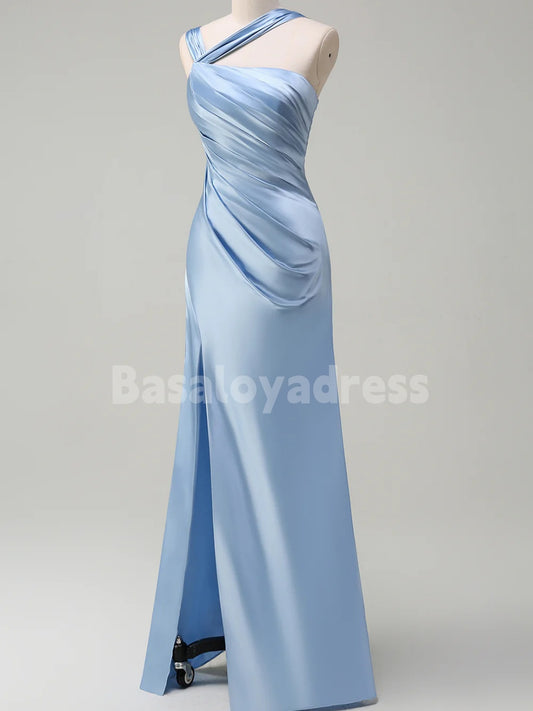 BDES00108 Elegant Sky Blue Ruched Satin Maxi Prom Dress Bridesmaid Dress with Slit