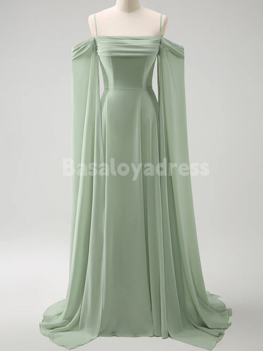 BDES00106 Mint Green Chiffon A-line Bridesmaid Dresses V-neck Spaghetti Straps Evening Gown with Detachable Cape Sleeves