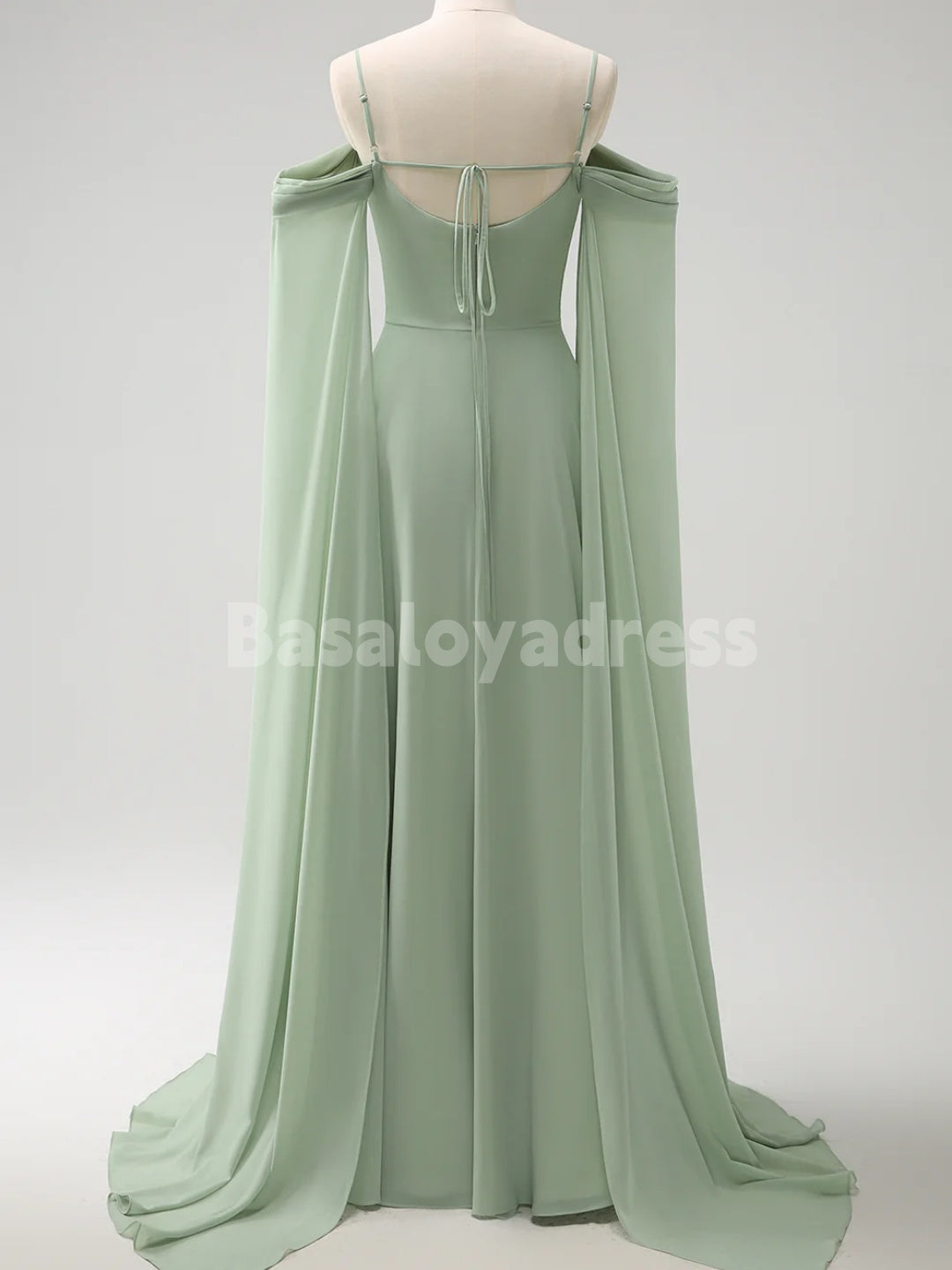 BDES00106 Mint Green Chiffon A-line Bridesmaid Dresses V-neck Spaghetti Straps Evening Gown with Detachable Cape Sleeves
