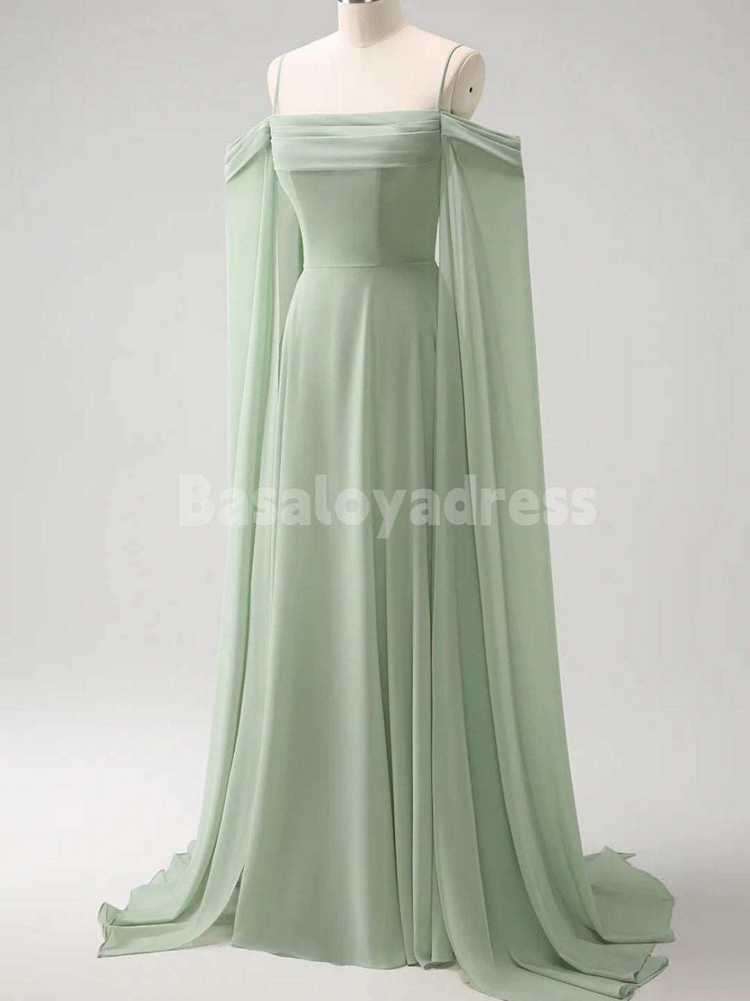 BDES00106 Mint Green Chiffon A-line Bridesmaid Dresses V-neck Spaghetti Straps Evening Gown with Detachable Cape Sleeves