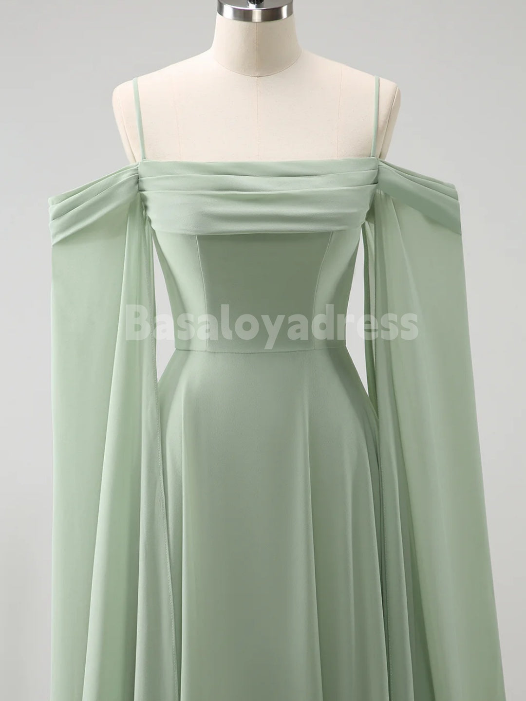 BDES00106 Mint Green Chiffon A-line Bridesmaid Dresses V-neck Spaghetti Straps Evening Gown with Detachable Cape Sleeves
