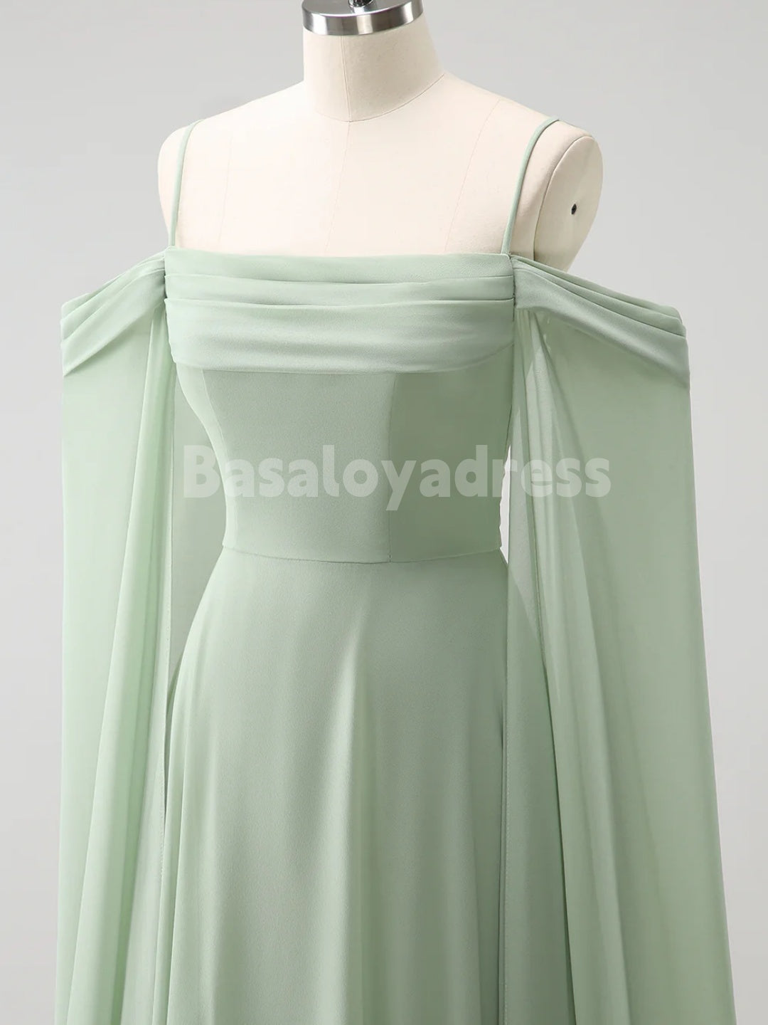 BDES00106 Mint Green Chiffon A-line Bridesmaid Dresses V-neck Spaghetti Straps Evening Gown with Detachable Cape Sleeves