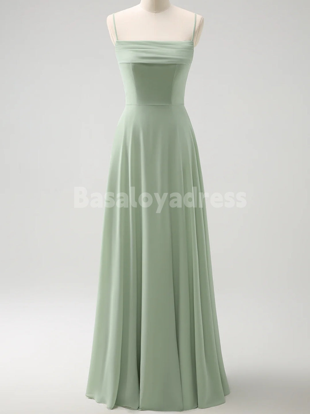 BDES00106 Mint Green Chiffon A-line Bridesmaid Dresses V-neck Spaghetti Straps Evening Gown with Detachable Cape Sleeves