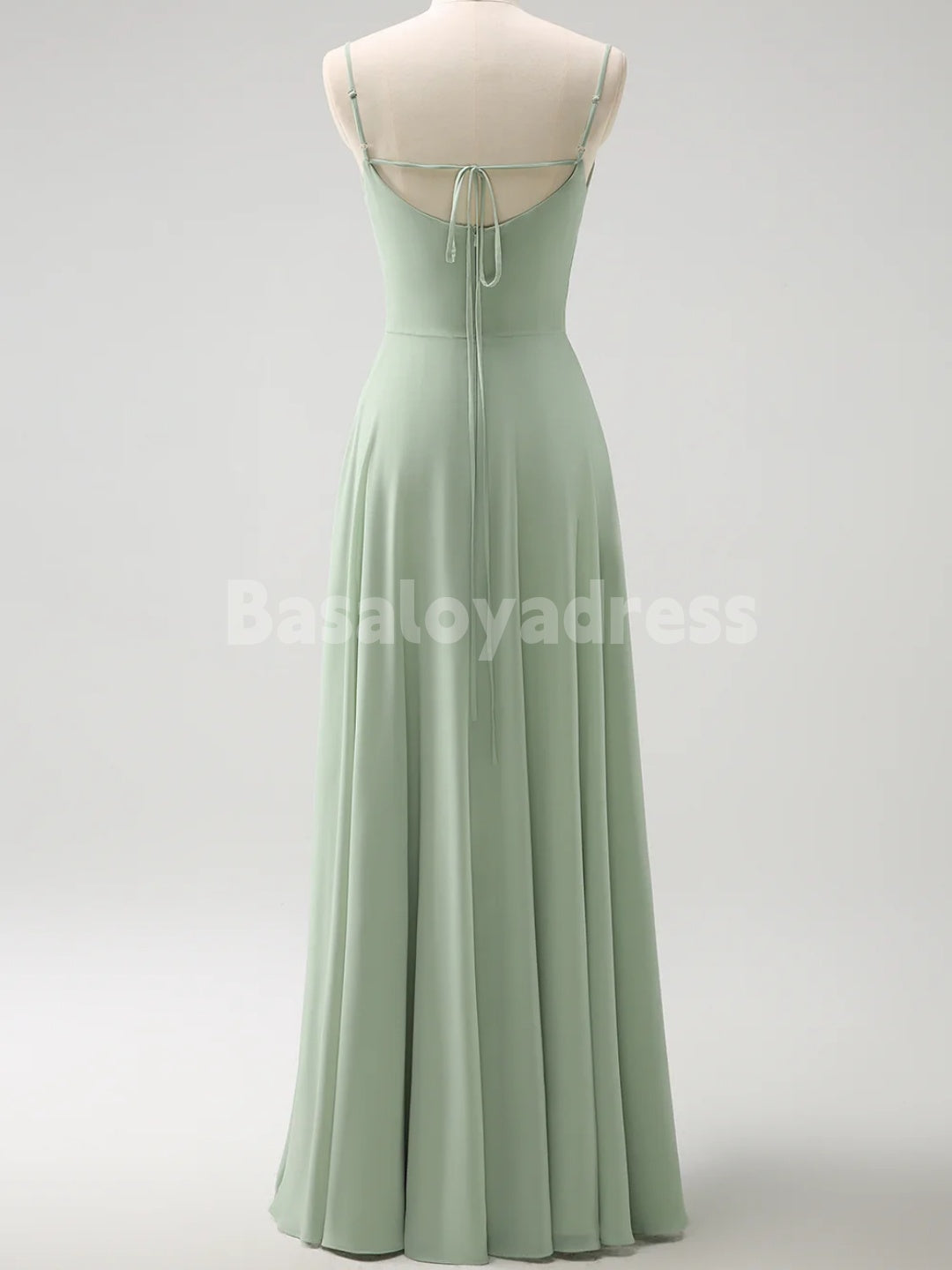 BDES00106 Mint Green Chiffon A-line Bridesmaid Dresses V-neck Spaghetti Straps Evening Gown with Detachable Cape Sleeves