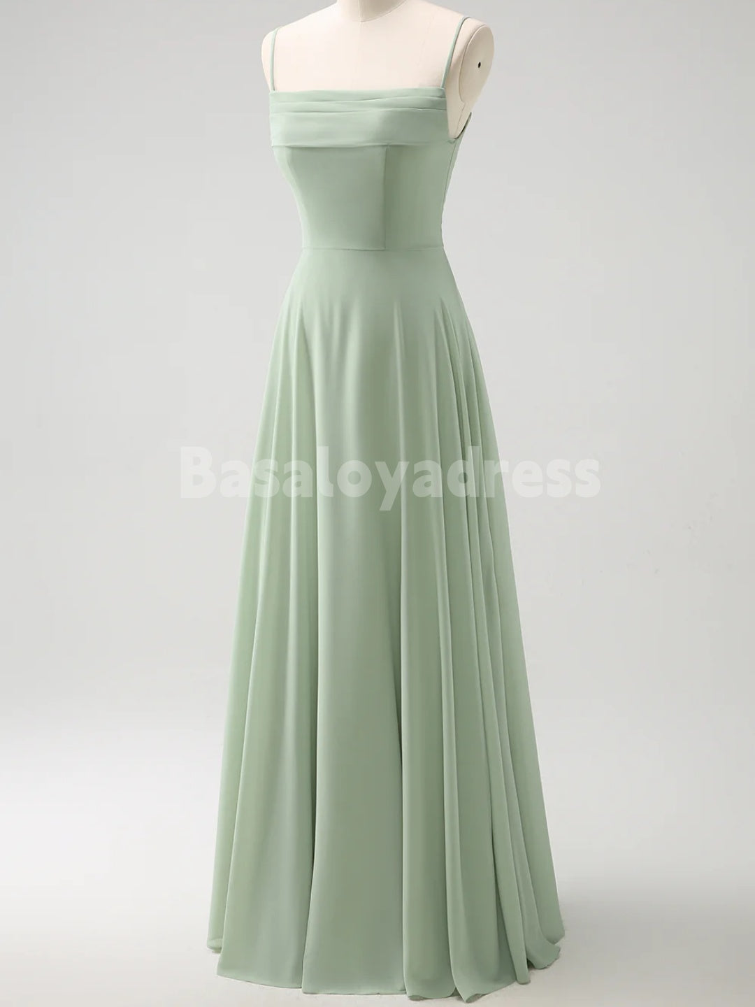 BDES00106 Mint Green Chiffon A-line Bridesmaid Dresses V-neck Spaghetti Straps Evening Gown with Detachable Cape Sleeves