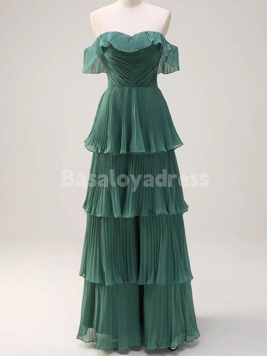 BDES00135 A Line Off the Shoulder Tiered Maxi Prom Dress Pleated Bridesmaid Dress